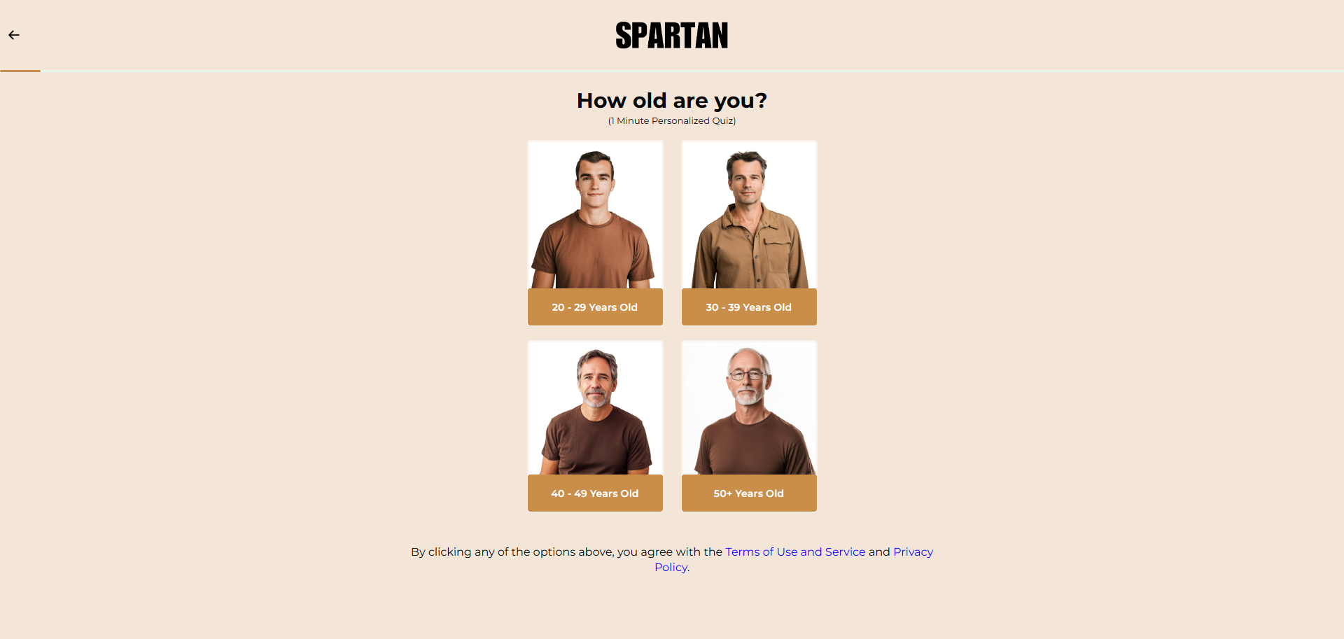 Spartan (complexity 2): men's supplement, 23 quiz steps before a bottle-count order form. Step 1.